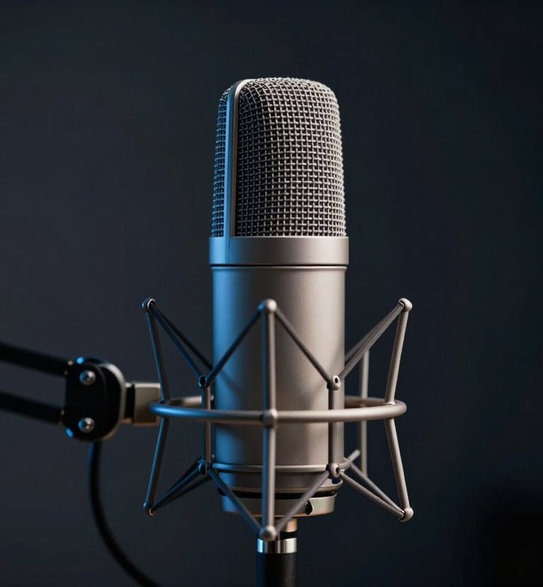 A close-up of a high-end, professional studio microphone on a boom arm. The lighting is cinematic with subtle highlights in #86A3B8 and #F8F8F8, set against a deep #0A0A0A background. Sophisticated and professional podcaster aesthetic.