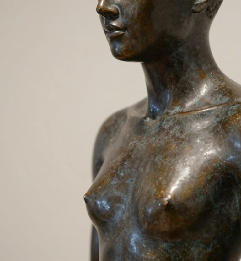 Close-up of a contemporary bronze sculpture, its surface catching soft, museum-quality light. The background is a minimalist wall in #CFC8B7 beige, highlighting the sophisticated dark bronze texture which reflects #1A1A1A tones.