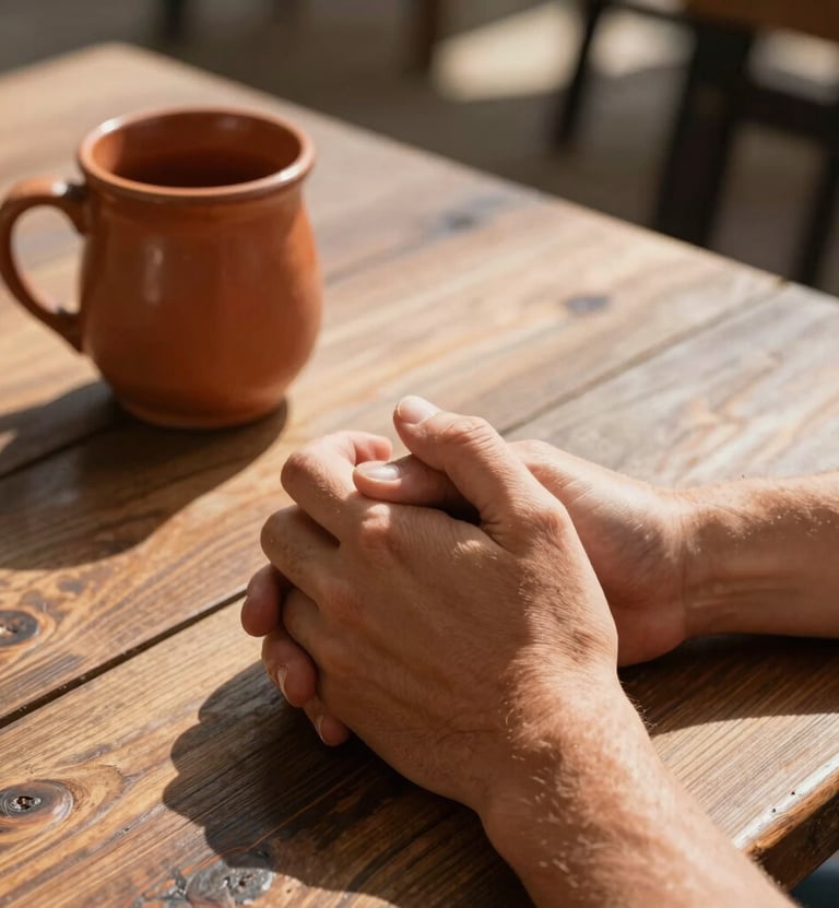 A close-up detail shot of hands intertwined on a rustic wooden table in a North American / General Western outdoor cafe, featuring a terracotta ceramic mug and warm afternoon shadows.