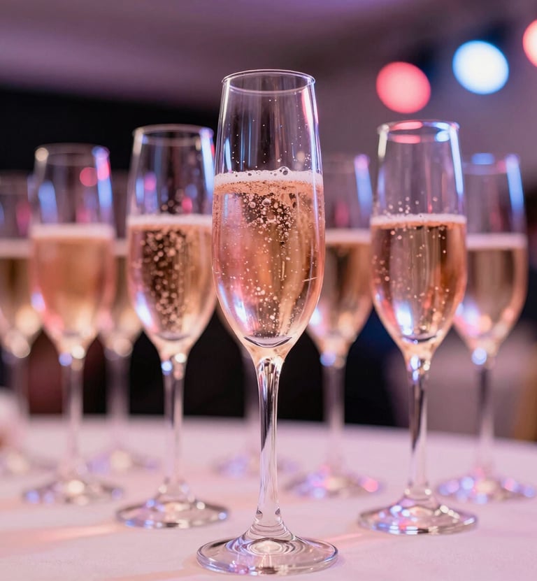 An artistic close-up of a glass of champagne on a table in a North American / US gala event, with the soft pink and rose gold glow of stage lights blurred in the background.