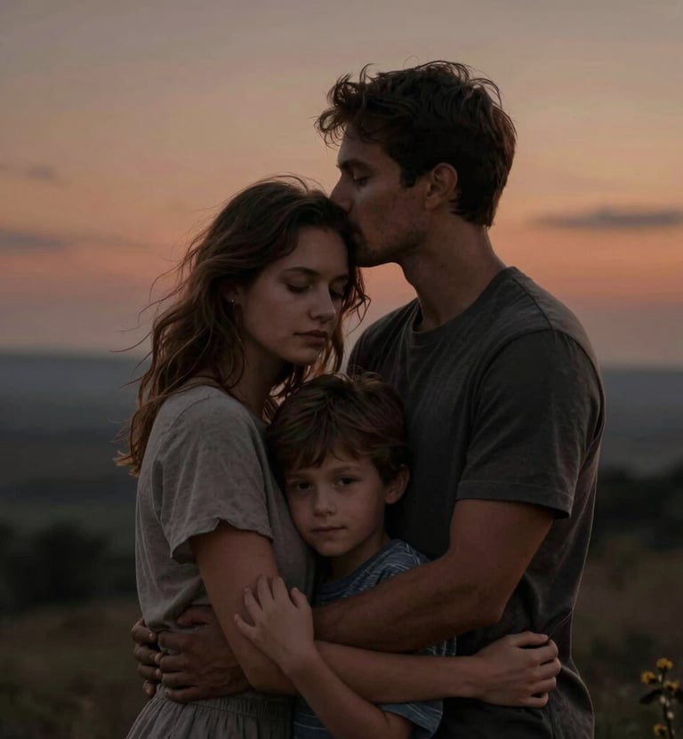 A cinematic family portrait at dusk, with the subjects in a gentle embrace. The background is a soft-focus landscape in charcoal and warm terracotta hues.
