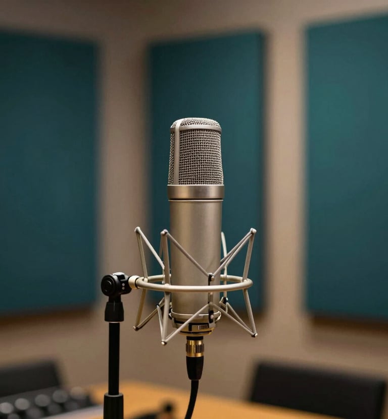 A professional recording studio setup with a sleek silver microphone on a stand. In the blurred background, sound-dampening panels in deep teal #386F6F are visible. The lighting is warm and focused on the mic, symbolizing Lyan Galindo's professional musical journey and refined craft.