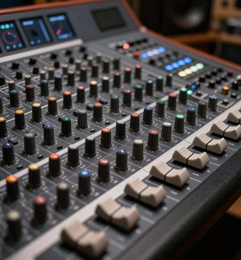 A close-up of professional music production gear, featuring a sleek obsidian black mixing console and graphite knobs, soft silver ambient lighting in a high-end Spanish / Latin American recording studio.