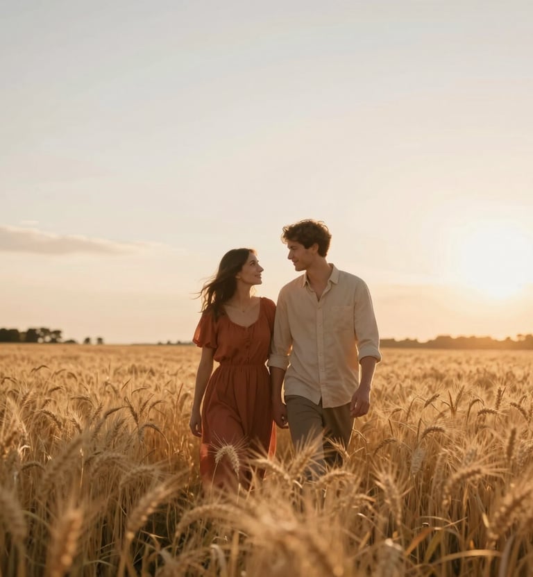 A cinematic, wide-angle shot of a couple walking through a golden wheat field at sunset. The lighting is warm and hazy, with soft sun flares. The couple wears earth tones like Terracotta and Soft Sand, looking at each other with genuine affection.