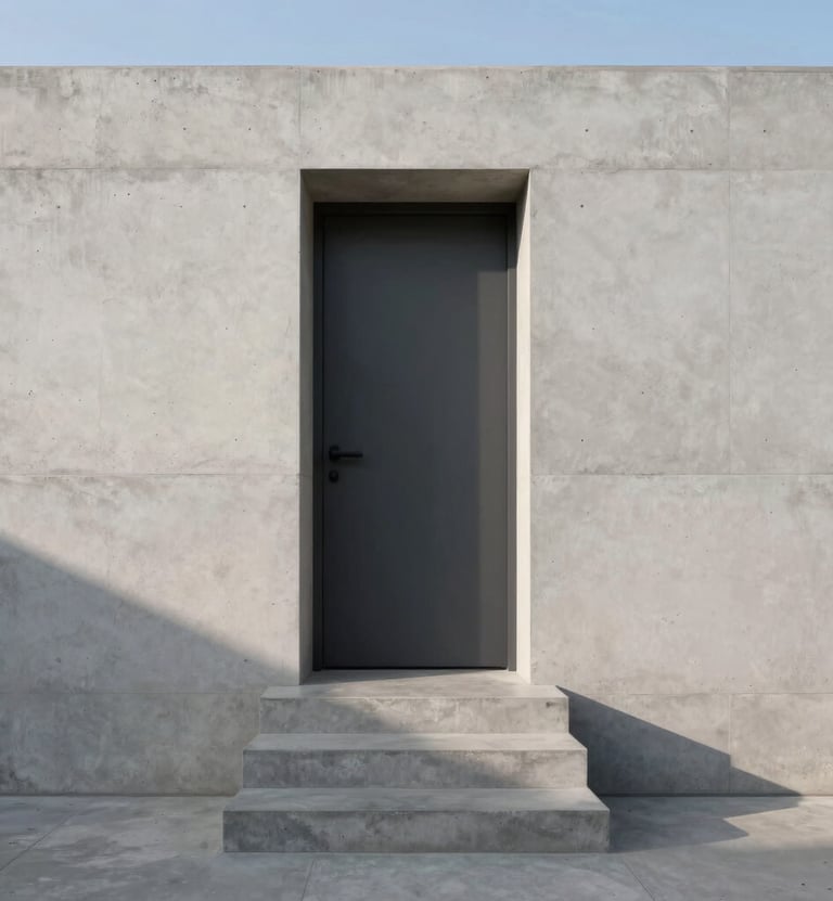 An exterior render of a minimalist concrete staircase leading into a dark charcoal grey doorway. The walls are pure white concrete. The lighting is cinematic dusk, casting long, elegant shadows. Professional South American / Brazilian architecture.