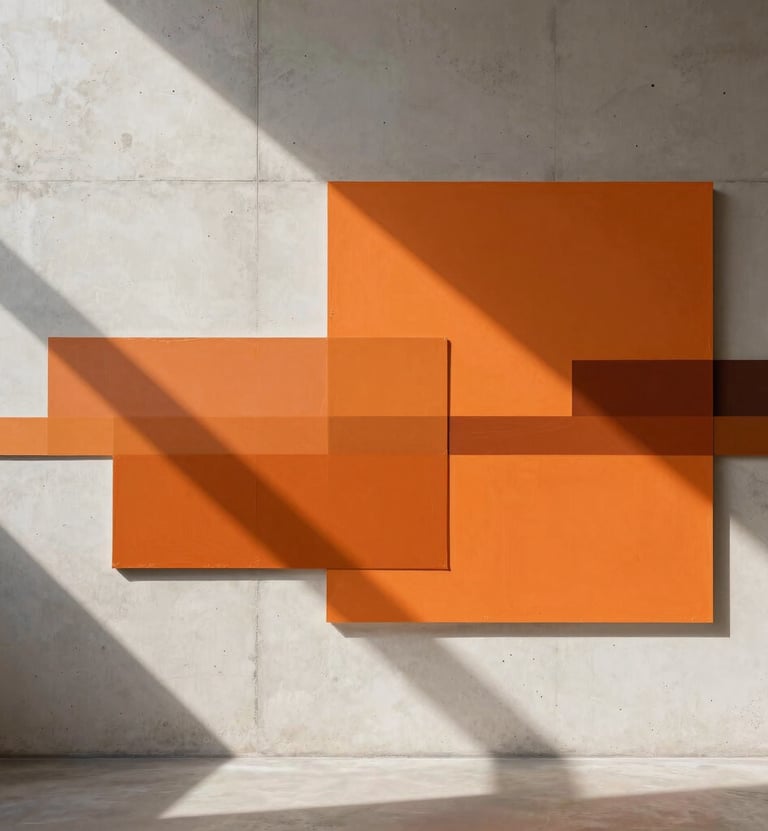 An editorial-style photograph of a contemporary art collage that blends architectural photography with abstract paint layers in safety orange. The lighting creates sharp, geometric shadows against an off-white concrete wall in a International / Urban Art Scene space.