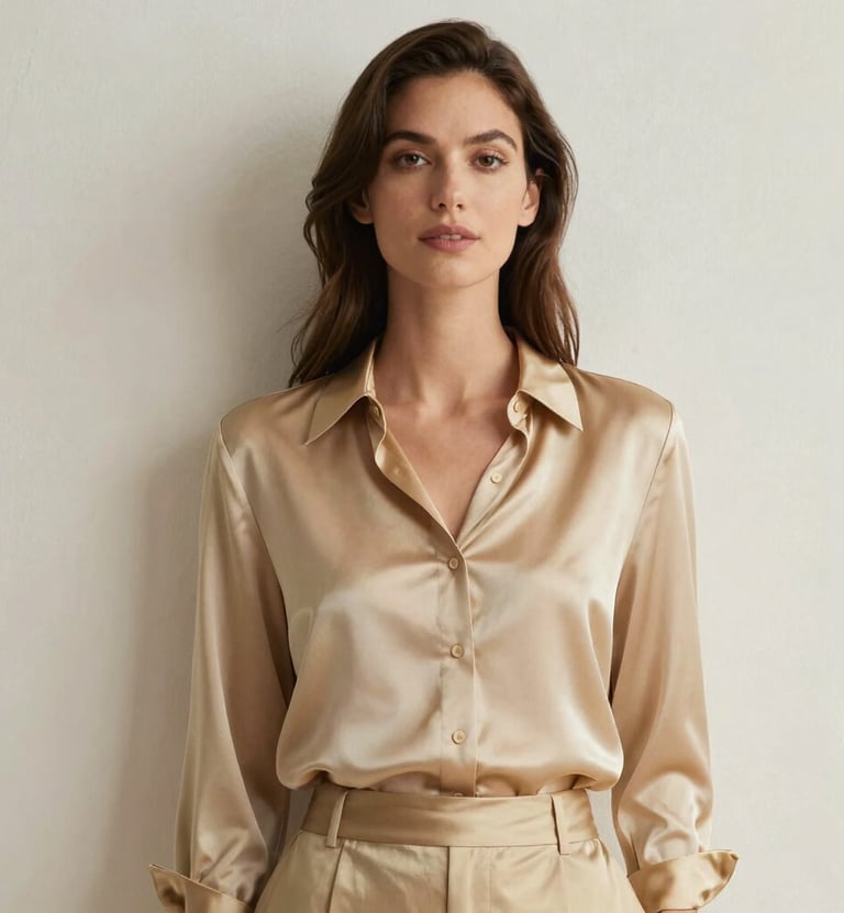 A high-end editorial portrait of a woman in a soft gold silk blouse standing against a soft off-white textured wall in a bright North American / Western European penthouse. The lighting is soft and ethereal, emphasizing the premium and feminine aesthetic of SheSaid Style.