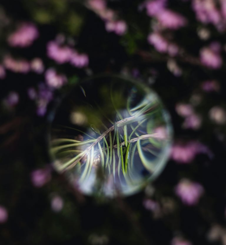 Green pine needles reflected in a crystal ball with blurred pink flowers in the background.