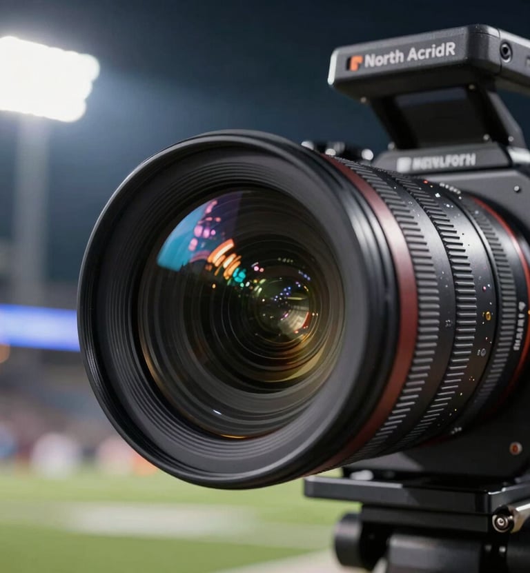 A close-up of a high-end cinema camera lens reflecting the bright floodlights of a North American football stadium at night. The body of the camera is a sleek charcoal black, and the glass shows hints of sky blue reflections. Sharp focus on the lens glass with a shallow depth of field.