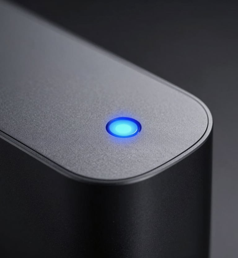 A close-up, high-end studio photograph of a modern tech device with a sleek charcoal finish, featuring a single glowing baby blue light indicator. The lighting is dramatic and moody, with soft shadows. South American / Brazilian creative studio setting.