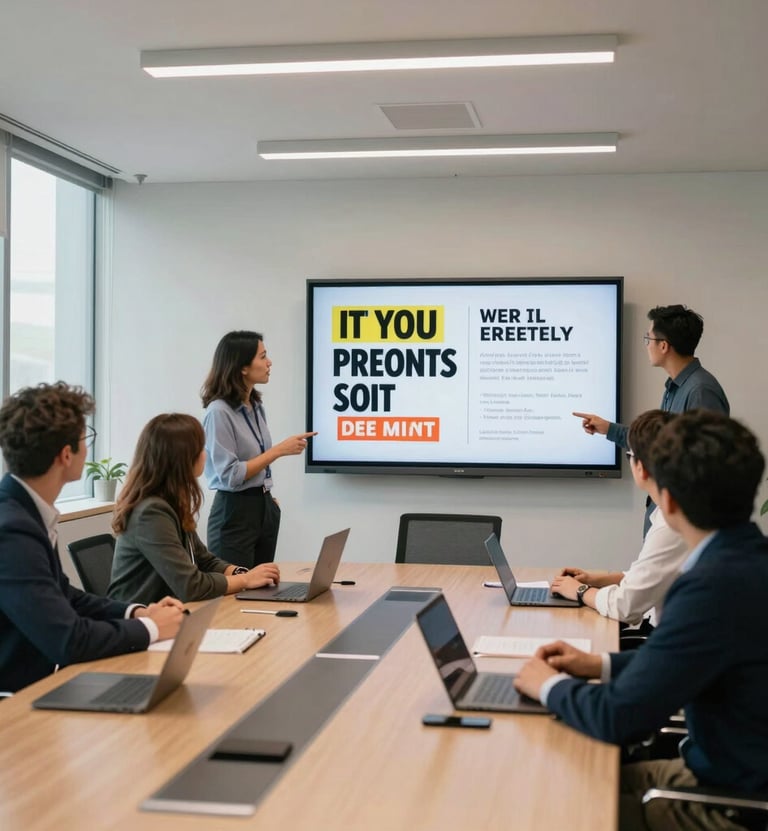 A wide shot of a bright, modern North American conference room. A creative team is reviewing a presentation on a large screen featuring bold advertising headlines. The lighting is bright and energetic, reflecting a results-driven professional environment.
