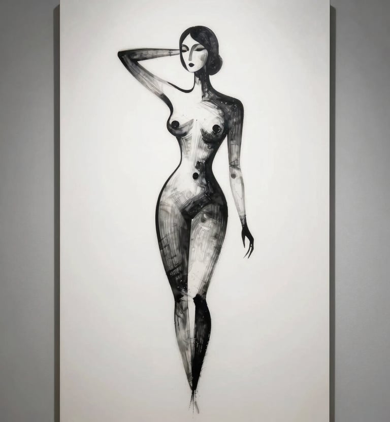 A vertical artwork depicting a stylized abstract female figure in a minimalist pose, rendered in black ink against a stark white background.