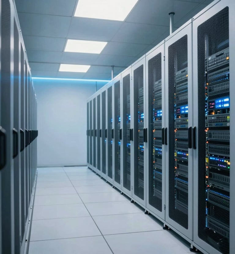 A wide shot of a modern Southeast Asian / Indonesian data center hallway. Cool white and Soft Sky Blue lighting illuminate the server racks, creating a sense of advanced technology and secure infrastructure.