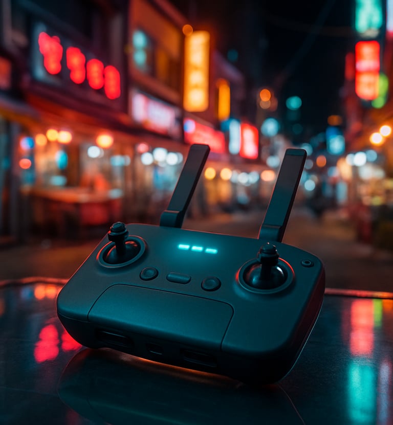 Cinematic photography of a high-tech drone controller with glowing cyan light indicators, sitting on a glass surface reflecting the neon lights of a Korean urban night market.