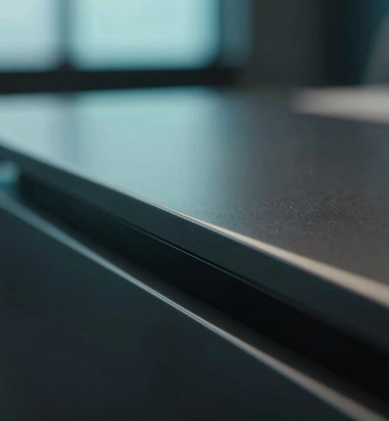 A close-up, high-detail macro shot of a sleek, dark metallic surface reflecting a faint teal light (#0E7C7B). The lighting is sharp and cinematic, suggesting a high-end technology or telecommunications environment, consistent with a Fortune 50 executive office. No people present.