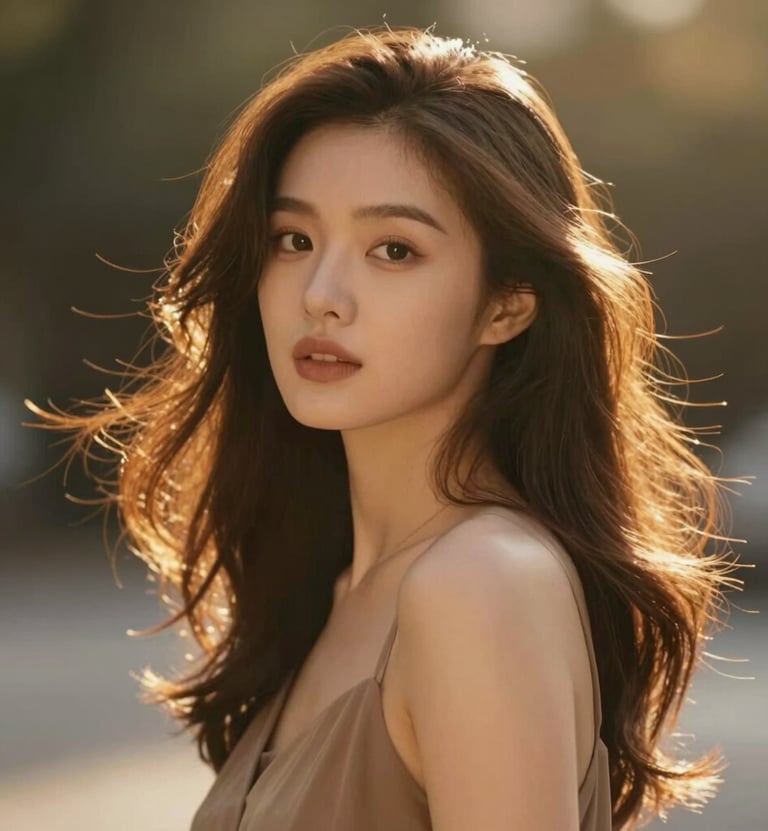 Portrait of a woman with elegant styling, soft movement in hair, golden hour lighting, warm #4B2E2B tones, creating an aspirational and sophisticated vibe.