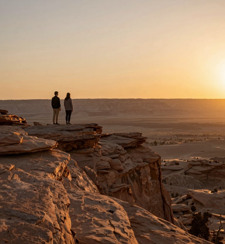 A cinematic wide shot of a couple standing on a sandstone cliff in a North American / US national park during the golden hour. The sky is a gradient of soft sand and warm orange. They are small in the frame, silhouetted against a vast, sun-drenched desert landscape, emphasizing a sense of adventure.