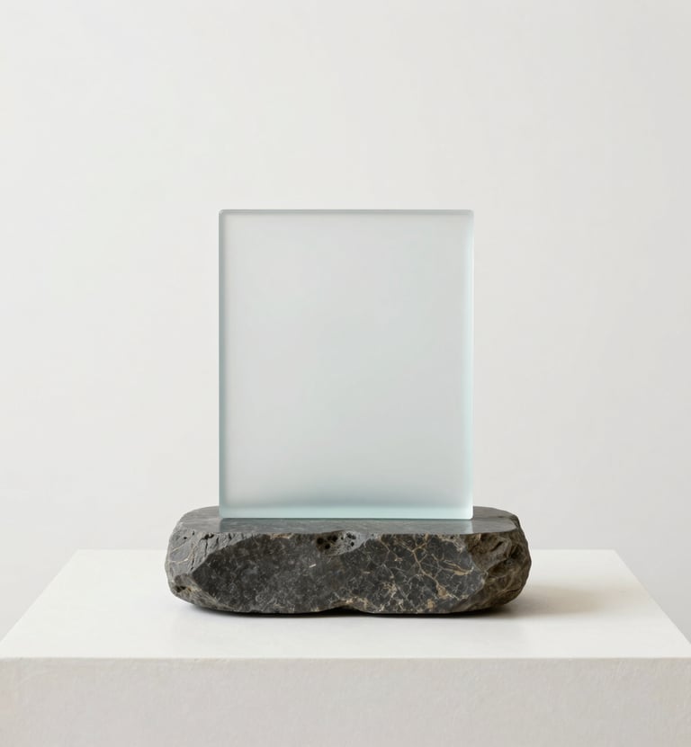 Photography of a medium-sized art object, a combination of frosted glass and heavy stone, resting on a minimal off-white plinth. The composition uses significant white space. The style is contemporary and serene, using a palette of white, off-white, and dark gray.