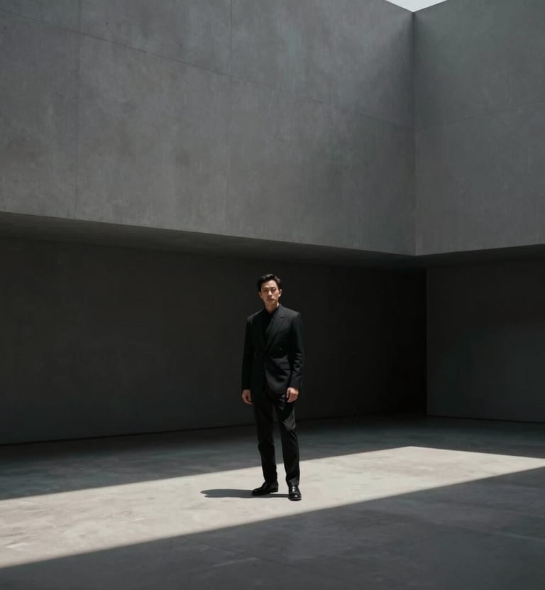 A cinematic, wide-angle shot of an actor standing in the shadows of a minimalist architectural structure. High contrast lighting with #0F0F0F shadows and #A8A8A8 highlights. The mood is sophisticated and mysterious.