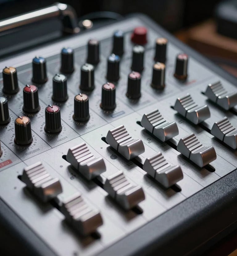 A close-up photograph of a professional silver audio mixer in a dark North American studio. Sharp focus on the chrome sliders and knobs reflecting dim, cold light against a black metal surface.