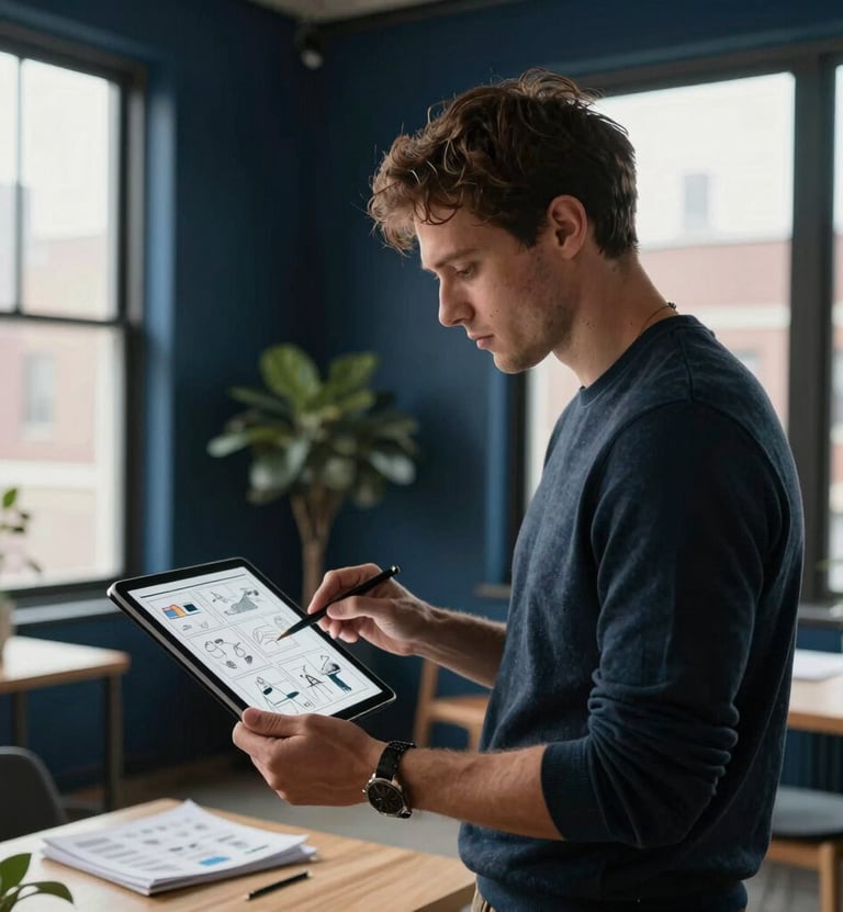 A creative professional in a North American / US urban loft, reviewing an illustrated storyboard on a tablet. The room is decorated with dark navy blue accents and receives ample daylight.