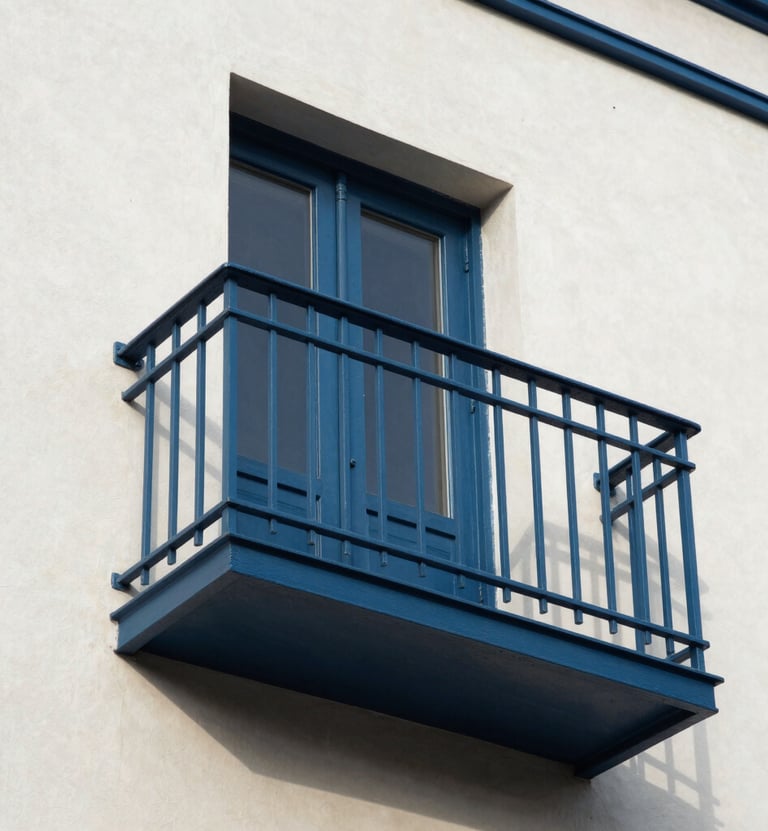 A refined architectural detail of a Steel Blue balcony against a crisp Off-White building wall, captured in sharp, natural daylight.