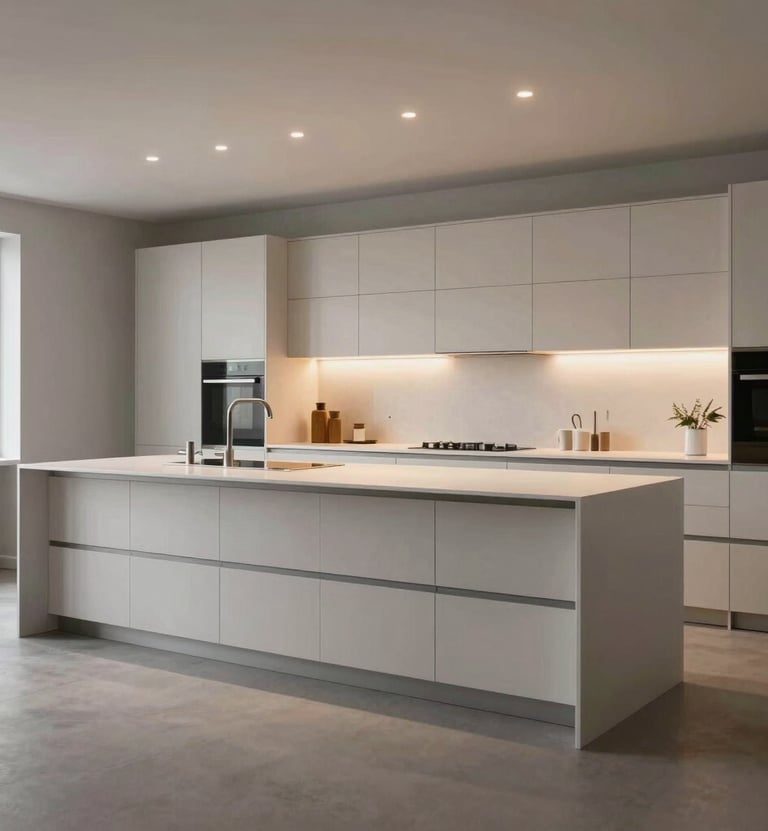 A wide-angle 3D visualization of a modern, high-end kitchen island with integrated lighting, minimalist cabinetry, and a clean white countertop. The lighting is soft and cinematic, set in a Northern European minimalist apartment.