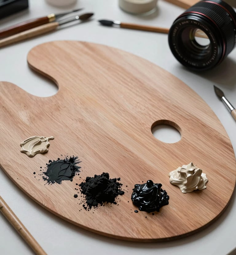 Still life photography of a clean wooden palette with small mounds of dark charcoal and light beige oil paint. Professional artist tools are arranged neatly beside it in a well-lit studio in the United States.