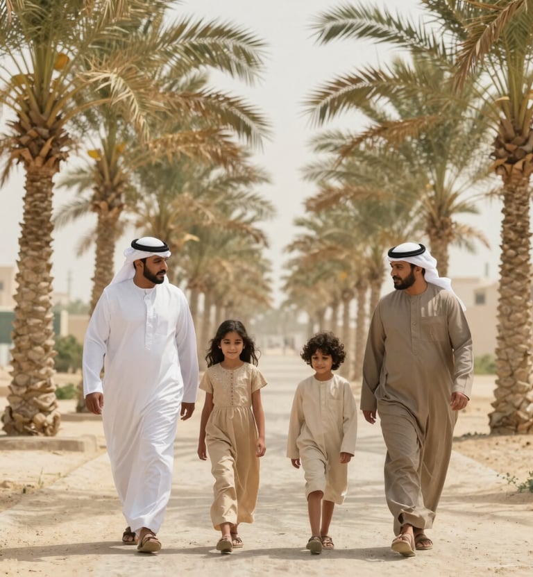 A cinematic medium shot of a family walking together through a sun-filled palm grove in a Middle Eastern / Gulf region. The lighting is hazy and warm, emphasizing genuine connection and storytelling, with a soft sand background.