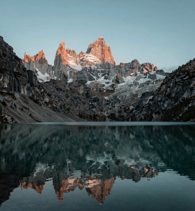 A wide-angle landscape photograph of an alpine lake reflecting the jagged peaks of the North American / US Rocky Mountains, shot during the blue hour with deep muted teal and sage green tones, clean and modern composition.