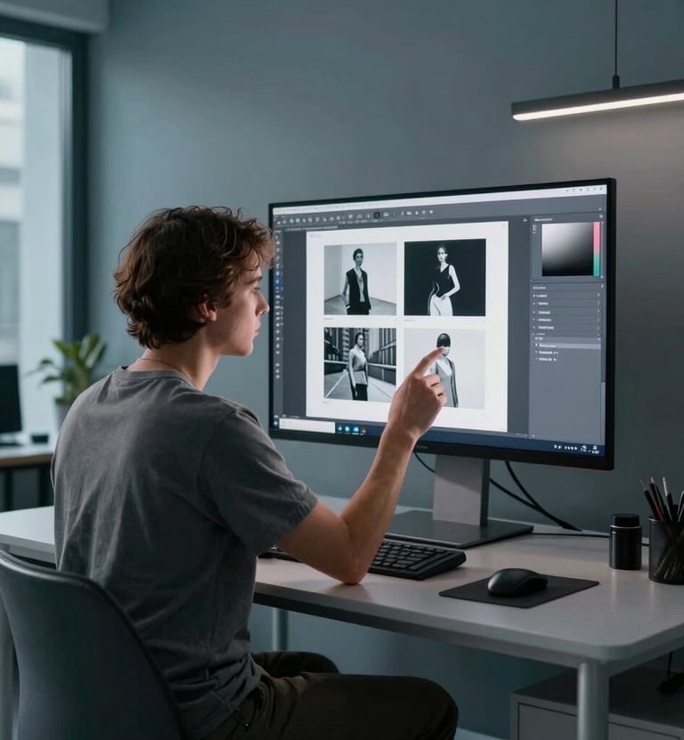 A focused professional artist reviewing digital compositions on a large monitor in a modern European / French design studio. The workspace is sleek with silver grey furniture and muted teal blue accents. Soft evening light creates a calm, creative atmosphere.