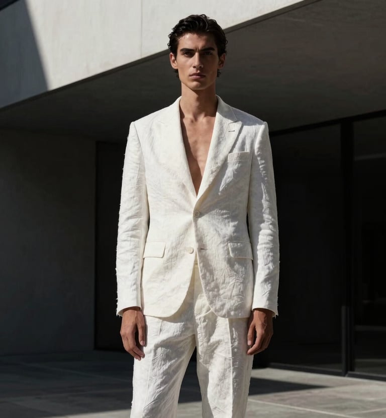 A high-fashion portrait of a model in a structured white linen suit, standing in the shadows of a minimalist modern building. Dramatic cinematic lighting with high contrast, deep blacks, and crisp whites. Global / Hispano setting. Sophisticated and luxury mood.