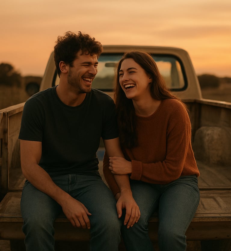 A cinematic lifestyle shot of a young couple sitting on the tailgate of a vintage truck in a North American rural setting. The lighting is warm dusk, highlighting genuine laughter and authentic connection with a terracotta and charcoal color palette.