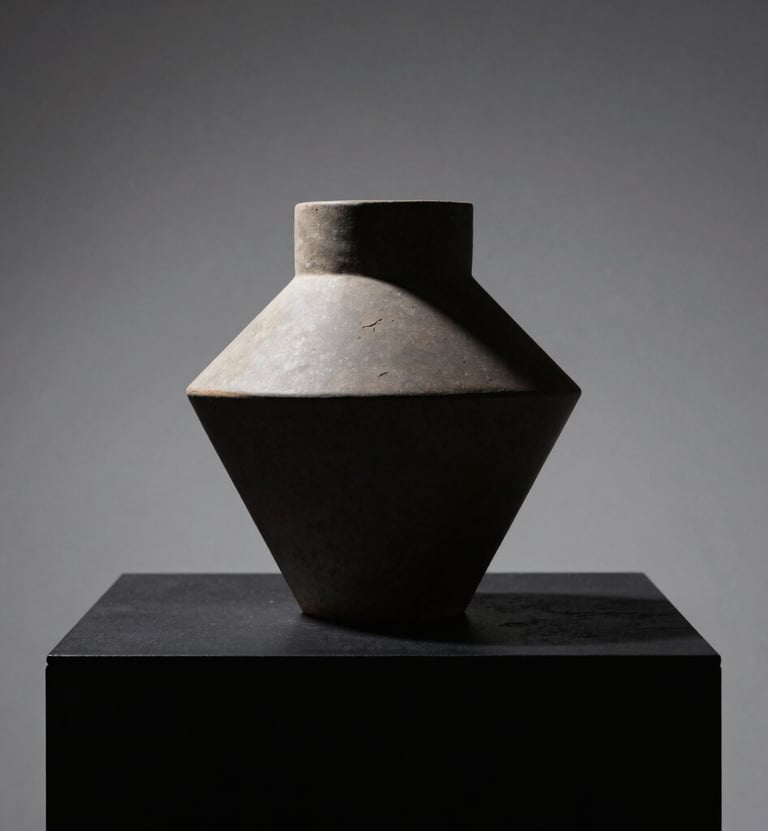 A minimalist still life of a single geometric ceramic sculpture on a matte black pedestal. The lighting is focused and dramatic, creating sharp silhouettes against a soft gray backdrop. Sophisticated North American / European gallery aesthetic.