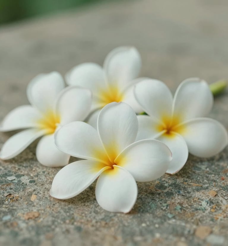 A close-up, artful shot of Balinese frangipani flowers lying on a weathered stone surface, soft morning light, serene and minimalist, incorporating soft greens like #5F705B and beige tones of #C7B7A3.