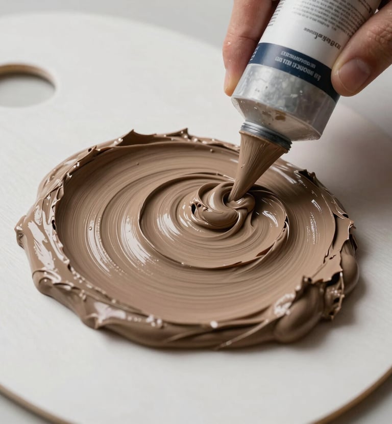 A professional photograph of an artist mixing molding paste with muted brown acrylic paint on a clean palette. The textures are thick and creamy, reflecting an elegant, handmade process.