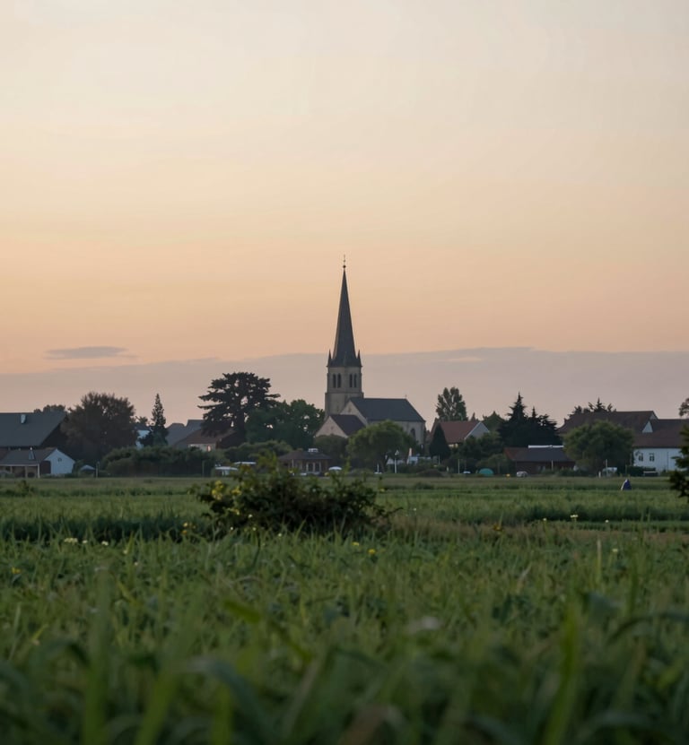 A serene, artistic landscape at dawn featuring a distant church steeple. The lighting is soft and golden, incorporating #A79E8B tones into the horizon, while the foreground shows lush #4C6A65 greenery. The style is professional and inspiring.