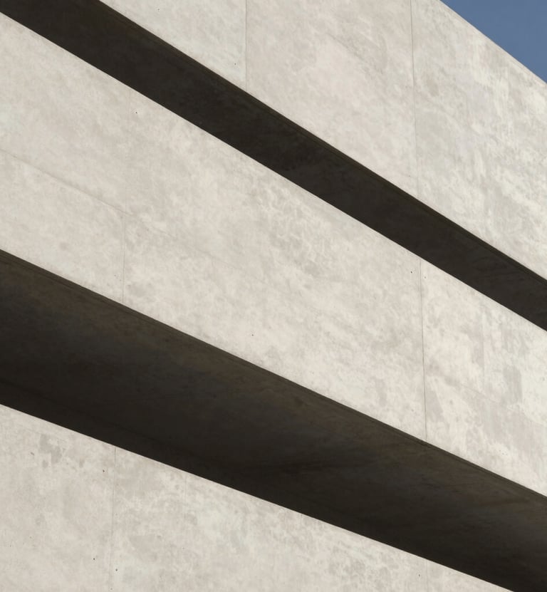Minimalist architectural detail of a modern event venue in Brest. Strong lines and shadows in dark charcoal against soft off-white concrete. Artistic and high-end aesthetic.