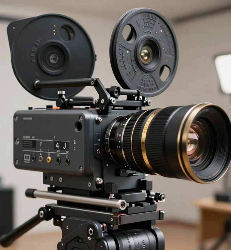 Close up of a high-end cinema camera rig on a set, dark slate grey metal, gold lens details, professional and exclusive atmosphere in a North American / US studio.