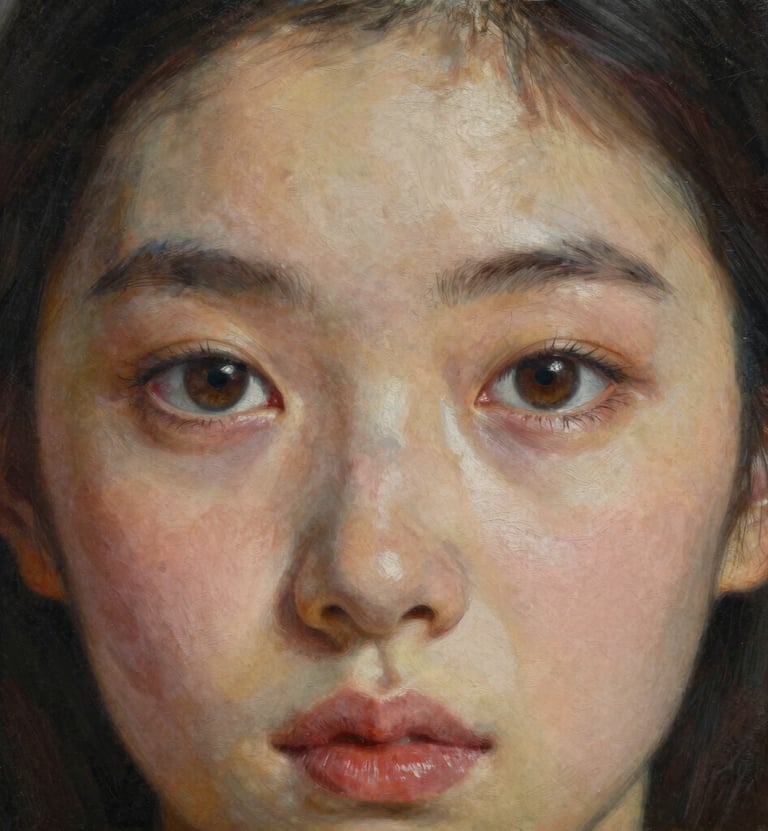 A detailed photograph of a portrait painting focusing on the subject's eyes. The artwork uses rich, vibrant colors to express deep human emotion. The style is elegant and soulful, with a background of dark charcoal.
