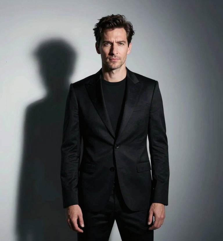 Portrait of a creative director in a minimalist studio environment. Dramatic side lighting creates deep shadows. The color palette is strictly Deep Obsidian Black and Platinum Silk for a premium, urban feel.