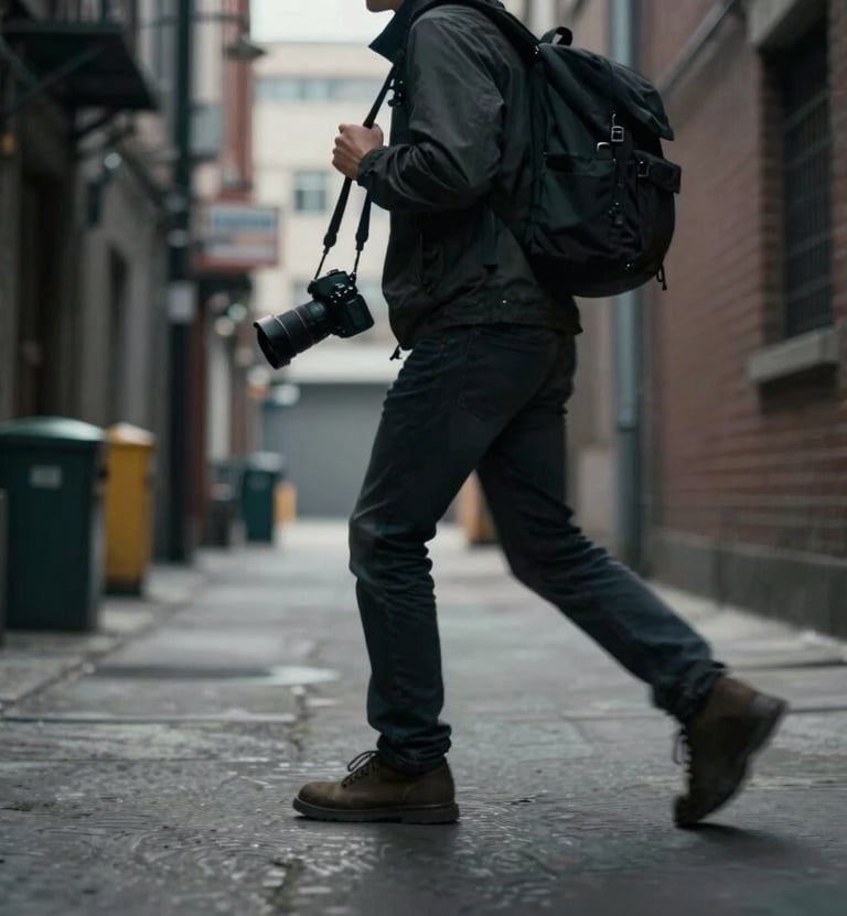 Dynamic shot of a person walking through an industrial alleyway with a camera bag. Asymmetrical composition, high-energy movement, cinematic lighting.