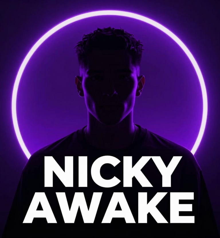 A striking vertical portrait of DJ NICKY AWAKE, silhouetted against a vibrant #7A7CF1 purple neon light ring, mysterious and sophisticated nightlife aura with #0A0A0F background.