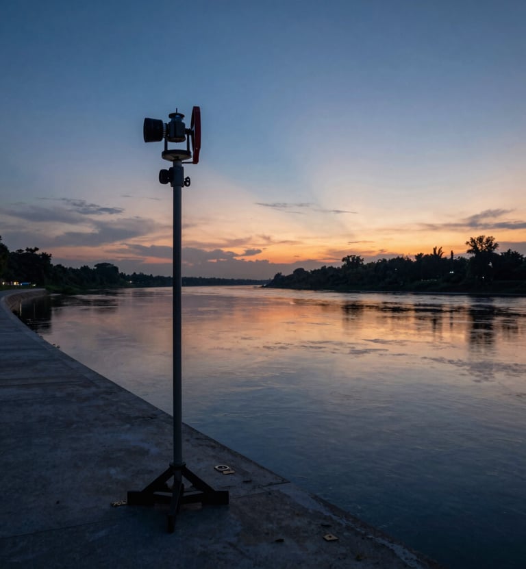 A wide-angle landscape photograph of the Bengawan Solo river in East Java, Indonesia, at dusk. The water reflects the deep blue and orange sky. In the foreground, a professional survey measurement stake stands near a clean, modern concrete edge, emphasizing civil engineering in a natural setting. The lighting is soft and cinematic.