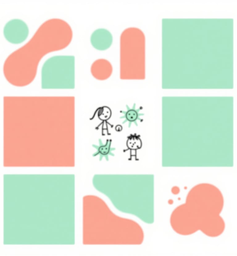 A mood board showing organic shapes, soft coral and mint green swatches, and whimsical sketches of characters for the Pop&Go Tales universe.