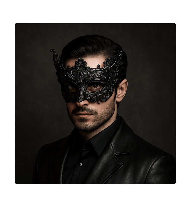 man with dark hair and beard, wearing a black leather suit and a black masquerade mask