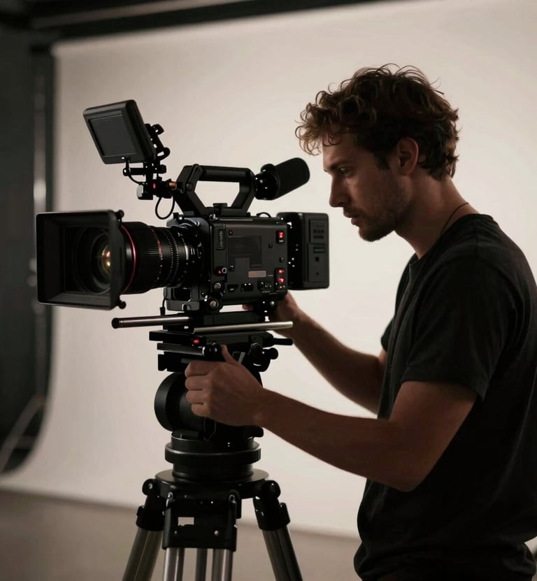 A professional cinematographer operating a high-end film camera on a moody music video set in a North American studio. Dramatic lighting with deep charcoal shadows and sharp off-white highlights, cinematic and polished.