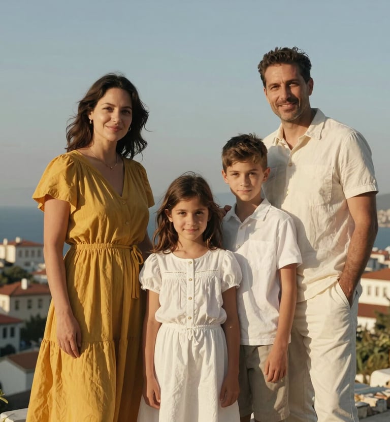 A family portrait session in a scenic Bodrum outdoor location, Middle Eastern / Turkish setting, warm afternoon sunlight, soft shadows, minimal background, high-end photography style, palette colors of mustard yellow and off-white.