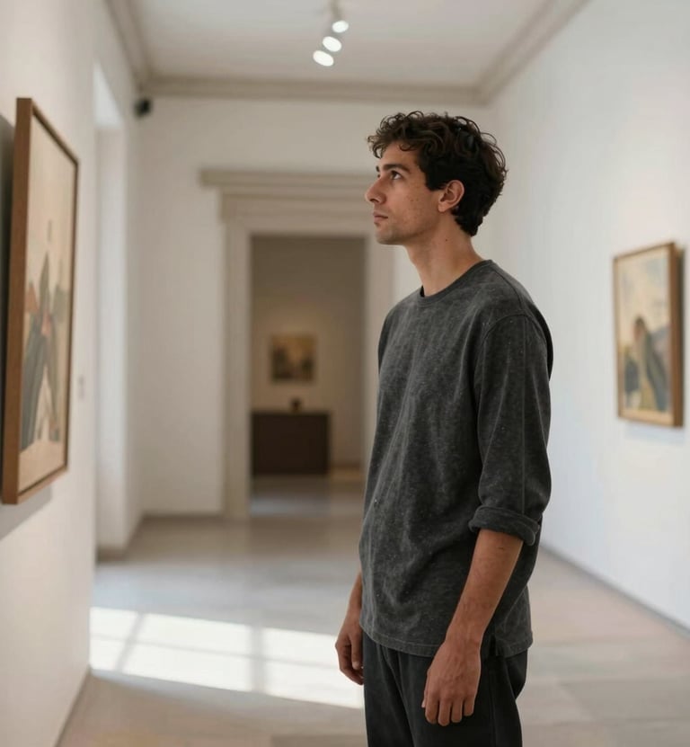 A portrait of a contemporary artist looking at their work, dressed in minimalist charcoal clothing, standing in a brightly lit gallery space in Latinoamericano / Español architecture, soft natural light, sophisticated mood.