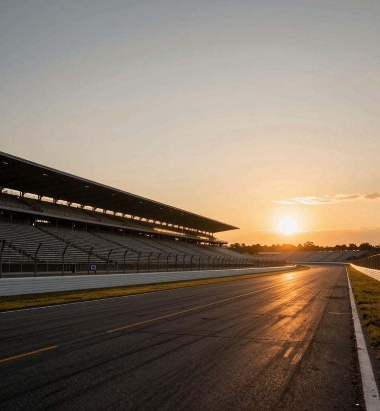 A wide-angle photography shot of a North American / US racetrack during the golden hour, showing the vast grandstands and the asphalt track reflecting the warm orange light of the setting sun, captured from a low perspective.